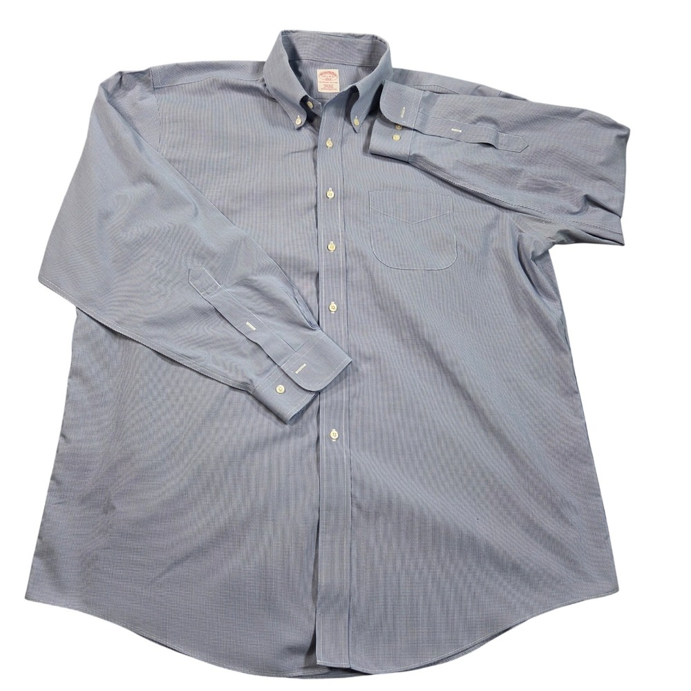 Brooks Brothers 346 Shirt Mens 17.5 4/5 Blue Micro Check Non-Iron Regular Fit LS